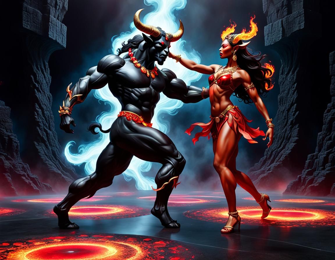 Minotaur and Pele Dancing in Digital Watercolor