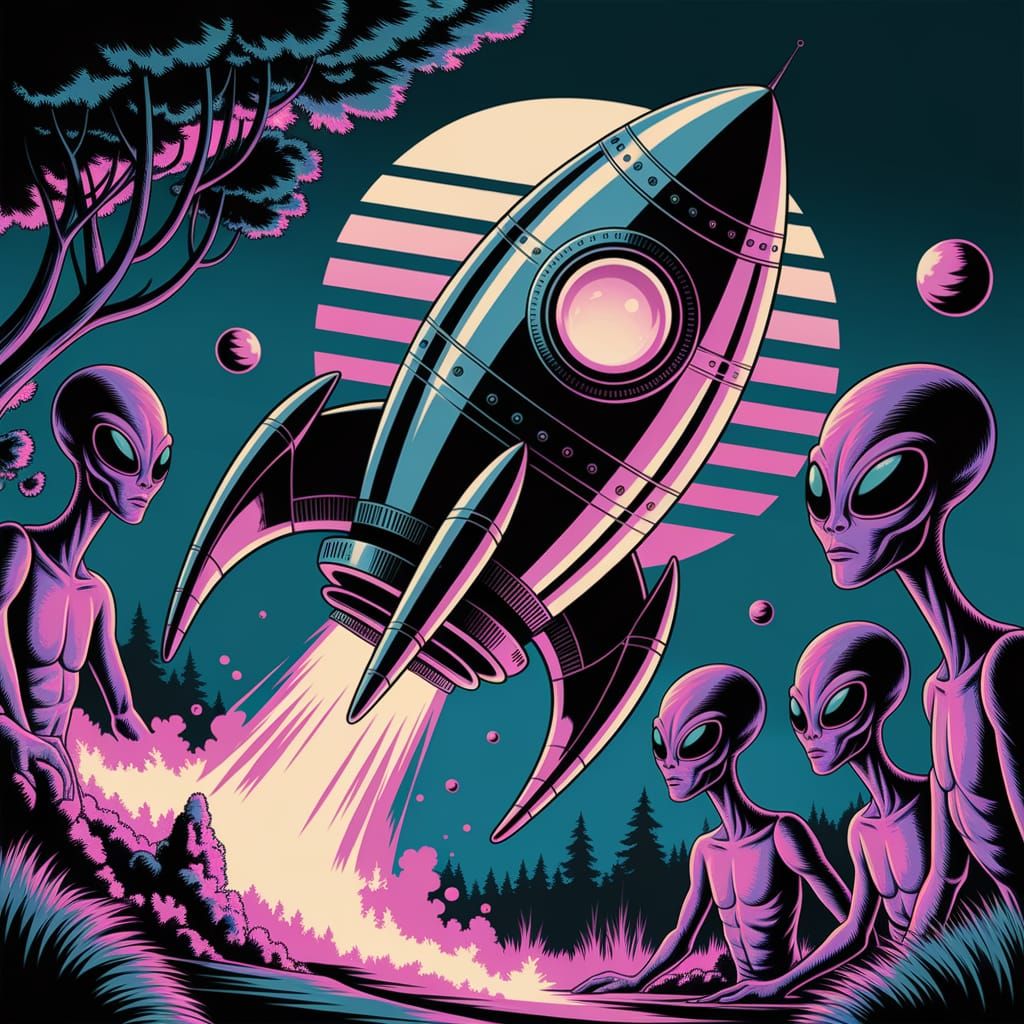 Alien Spaceship Landing on Exotic Planet in Retro Sci-Fi Sty...