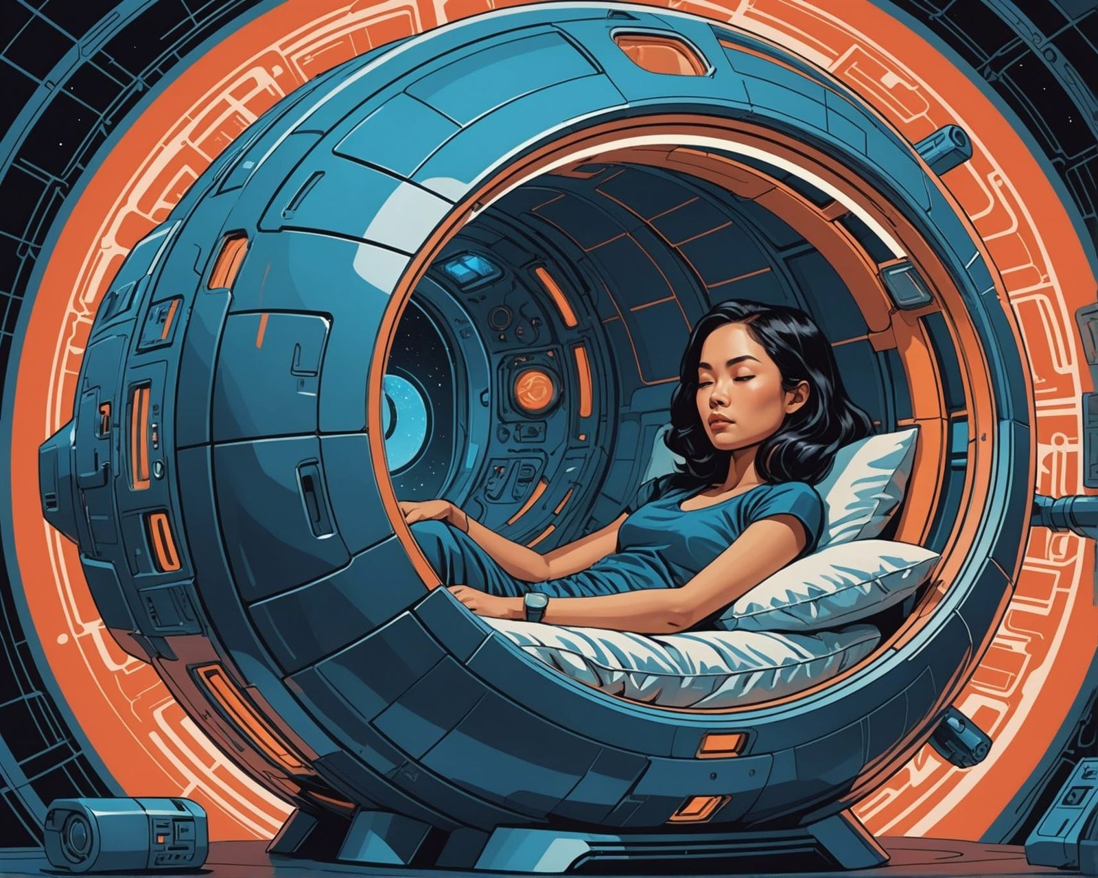 Asian Woman in Futuristic Pod, Jack Kirby Style