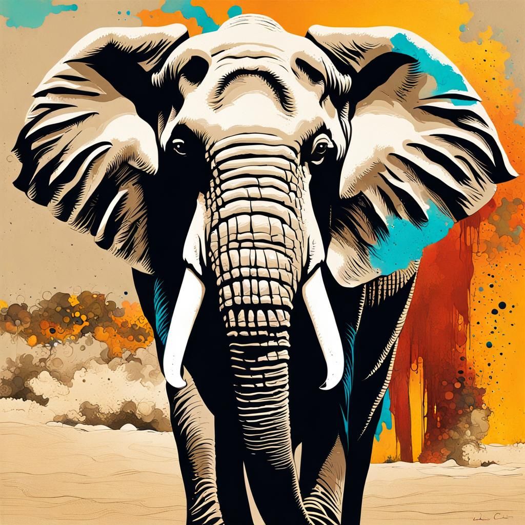 Elephant on Beach in Abstract Style