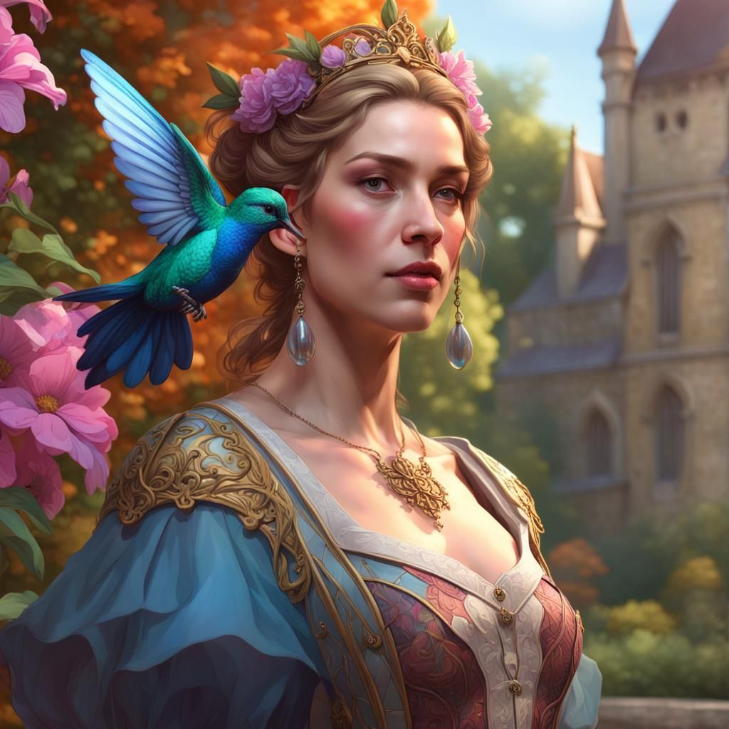 A colorful, humanoid, hummingbird, dressed as a Renaissance noblewoman, standing in a beautiful medieval garden.