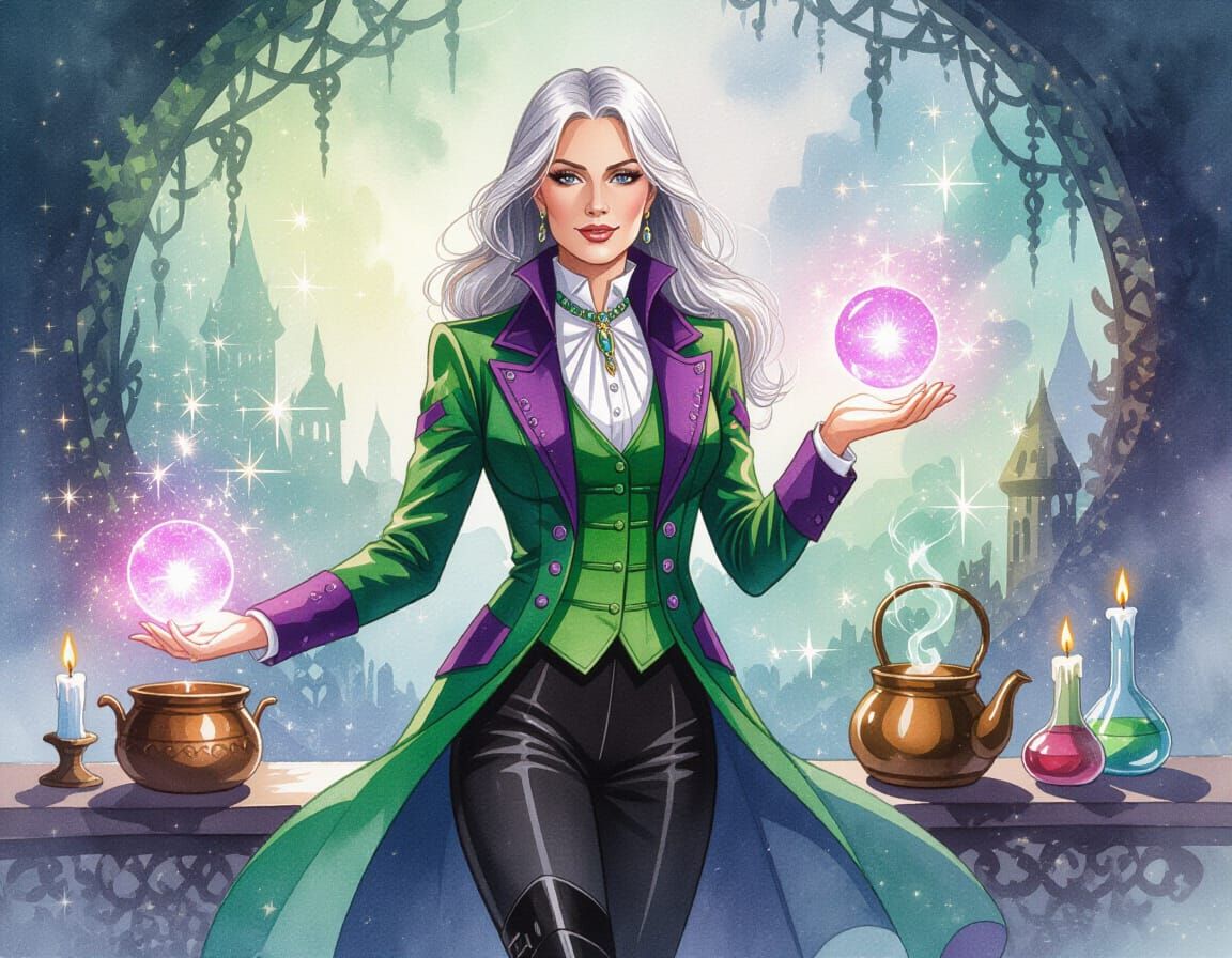 Wise Wizard Alchemist in Elegant Green and Purple