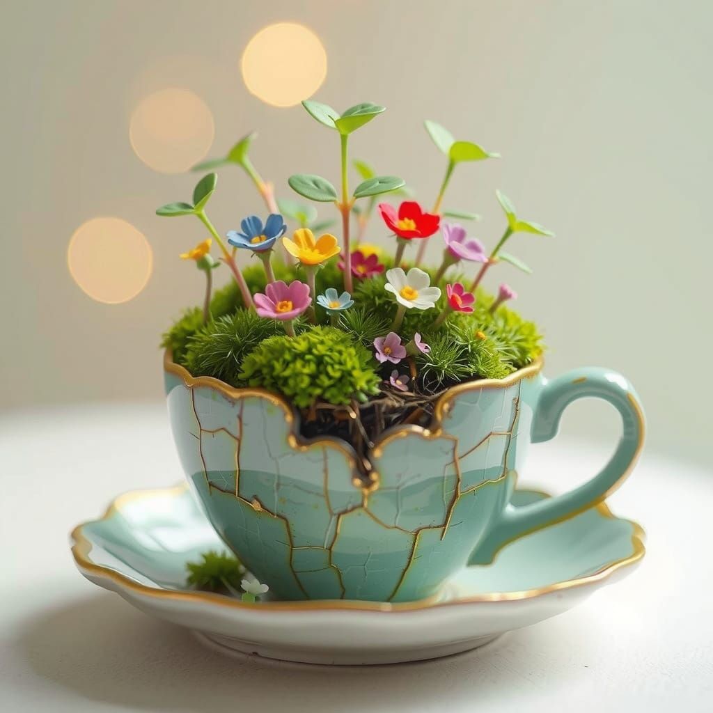 A cute miniature garden growing inside a cracked coffee cup ...