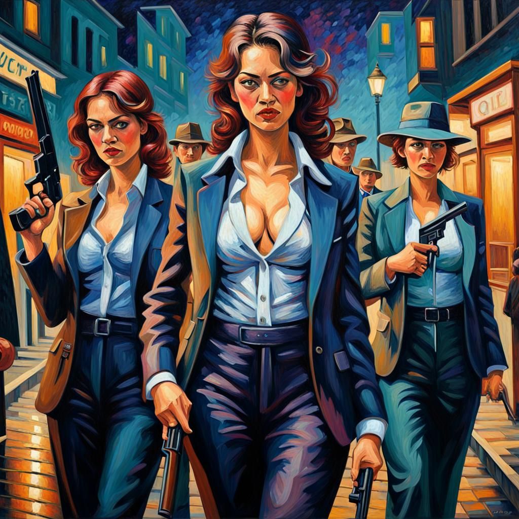 Powerful Gangster Women at Night in Expressionist Style