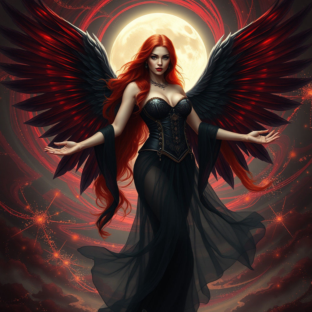 Fiery Goddess with Black Wings in Crimson Light