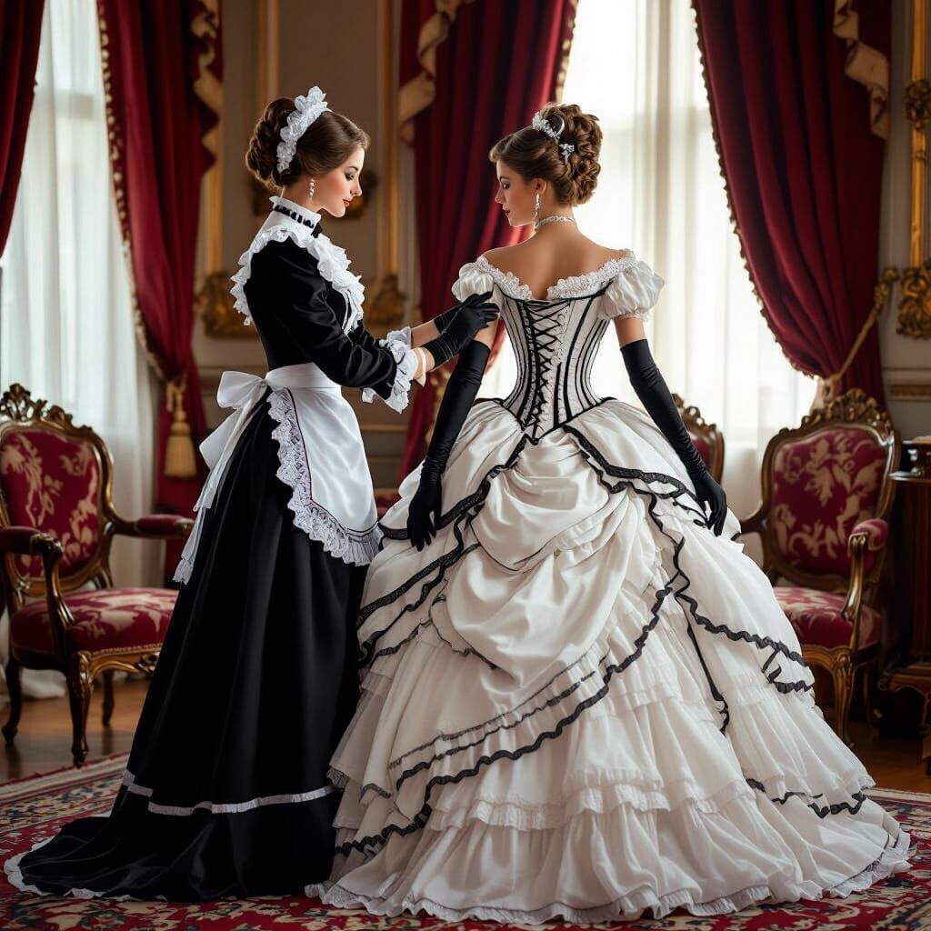 Victorian Maid Assists Mistress's Gown, Vintage Style