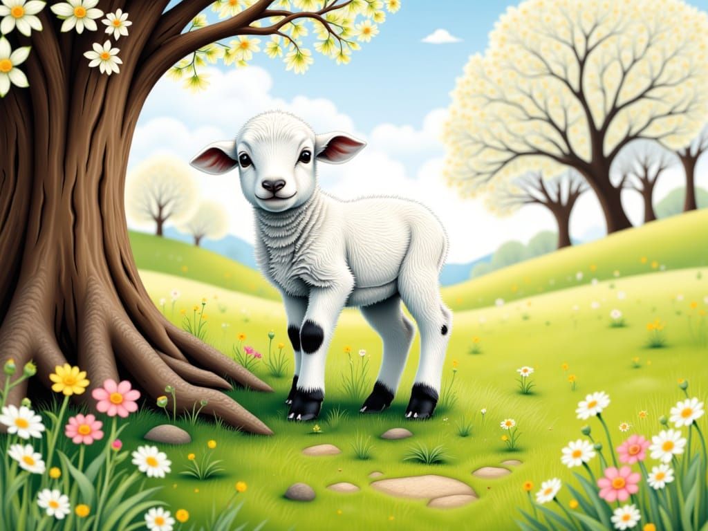 A Spring Lamb Under Blooming Flowers
