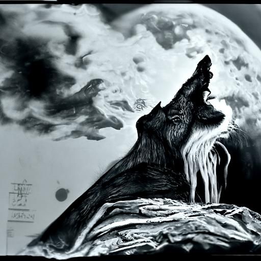 Detailed Charcoal Drawing of Wolf Howling at Moon