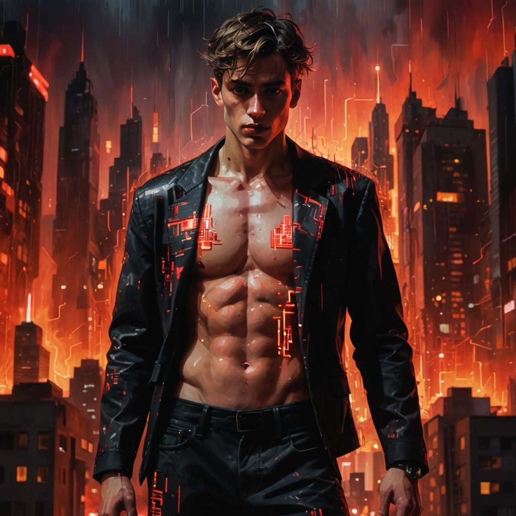 Gothwave Young Man in Glitched Cityscape