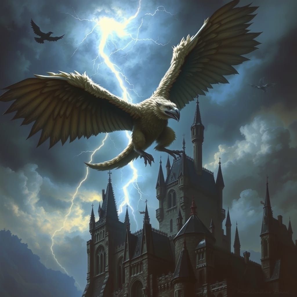 Griffin Soaring Over Gothic Castle in Stormy Sky