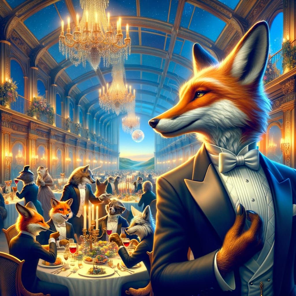 Elegant Fox in Tuxedo at Fantasy Dinner Party