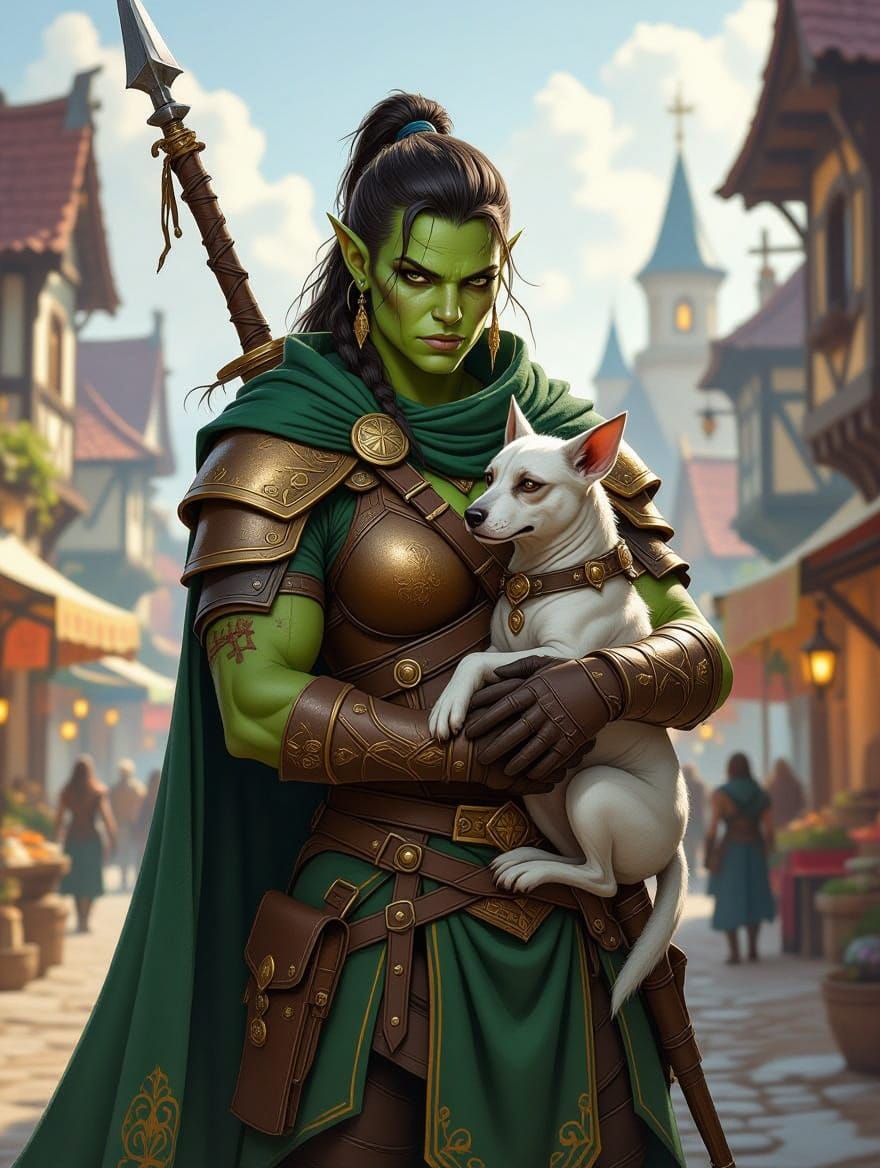 Warrior Half-Orc Cradles Lich Dog in Fantasy Town