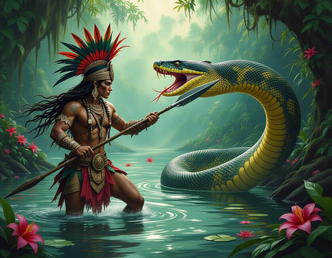 Amazon Warrior Battles Anaconda in Dark Fantasy Style