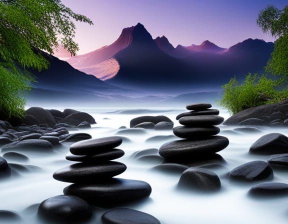 Zen Stone Garden with Orchids and Bamboo