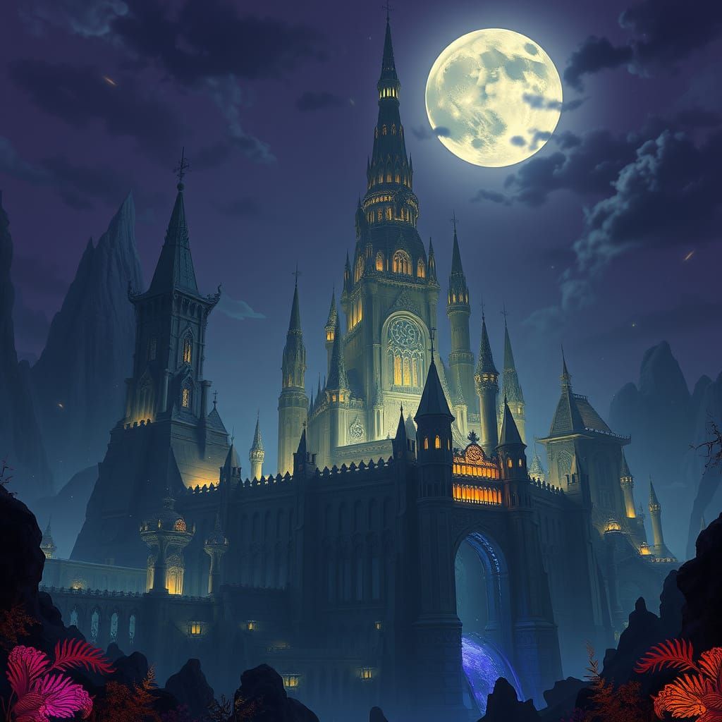 Ethereal Submerged Castle in Dark Twilight