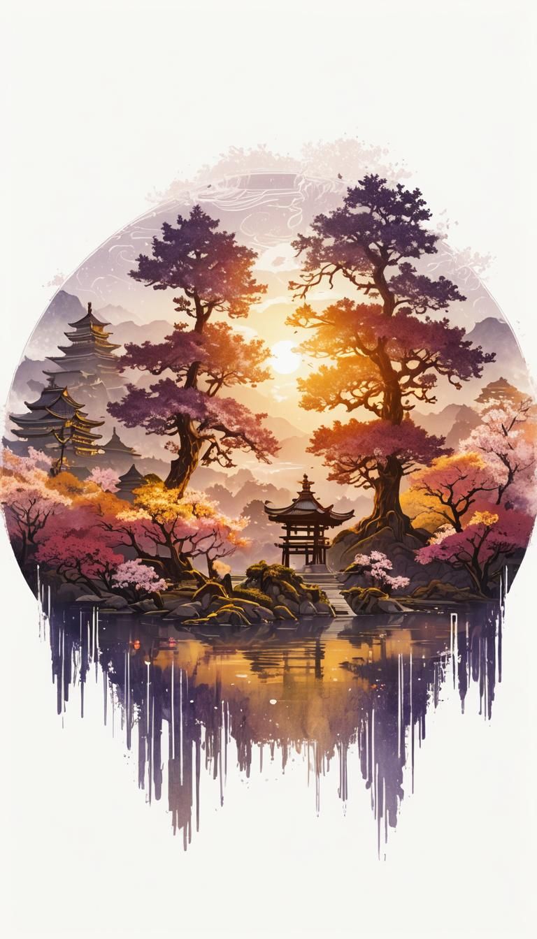 Sakura Tree Landscape in Gustave Doré Style