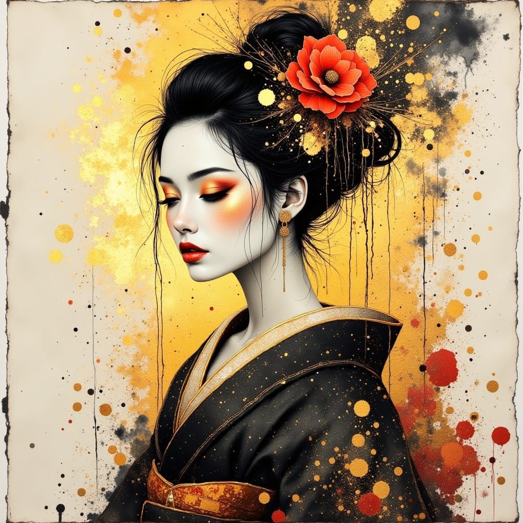Japanese Geisha Radiating Energy in 3D Concept Art Style