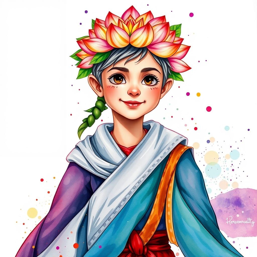 Young Wizard in Vibrant Watercolor Style with Lotus Flower W...