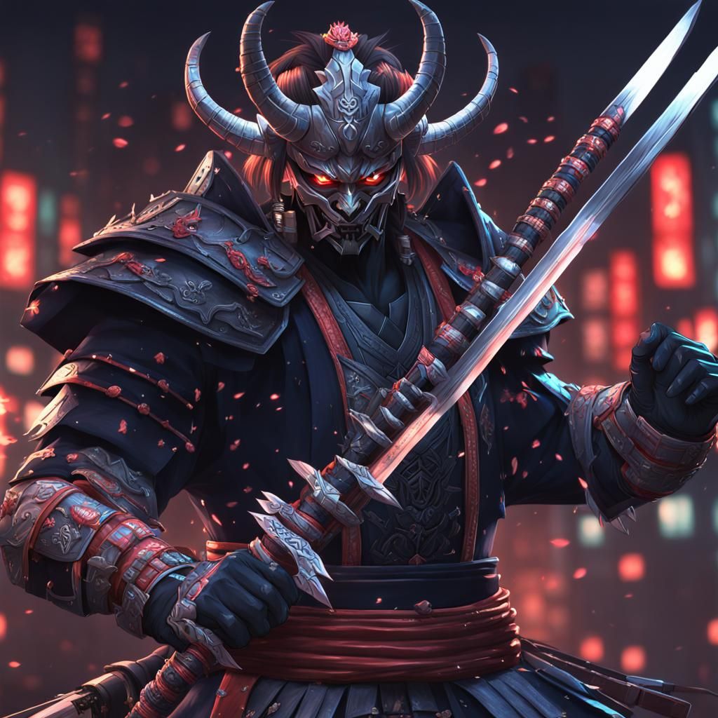 Cyber Samurai with Oni Mask in 3D Anime Art