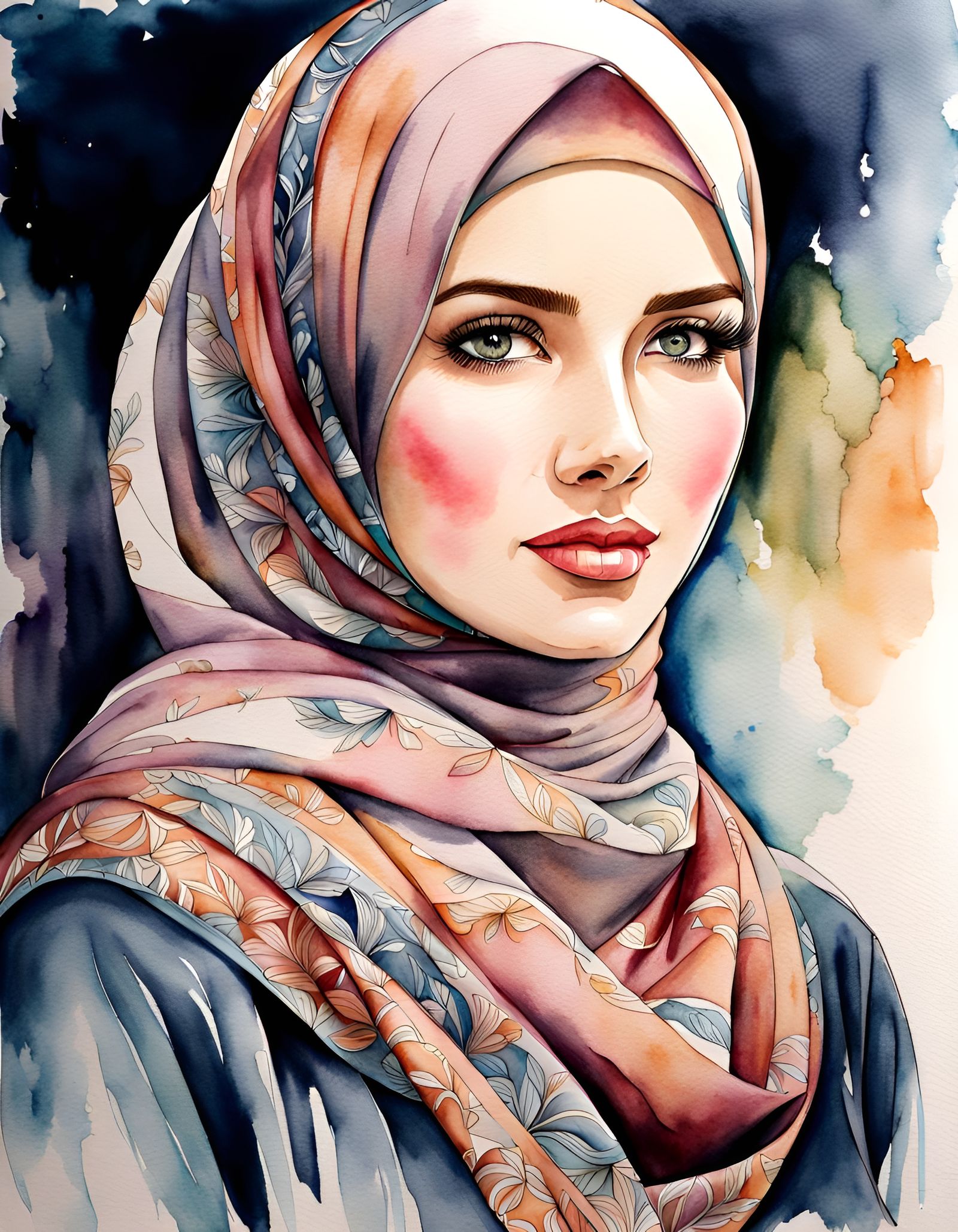 Watercolor Portrait of Woman in Hijab