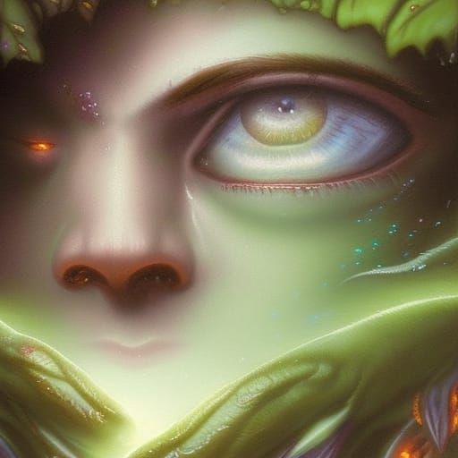 Face of a woman orc with green eyes