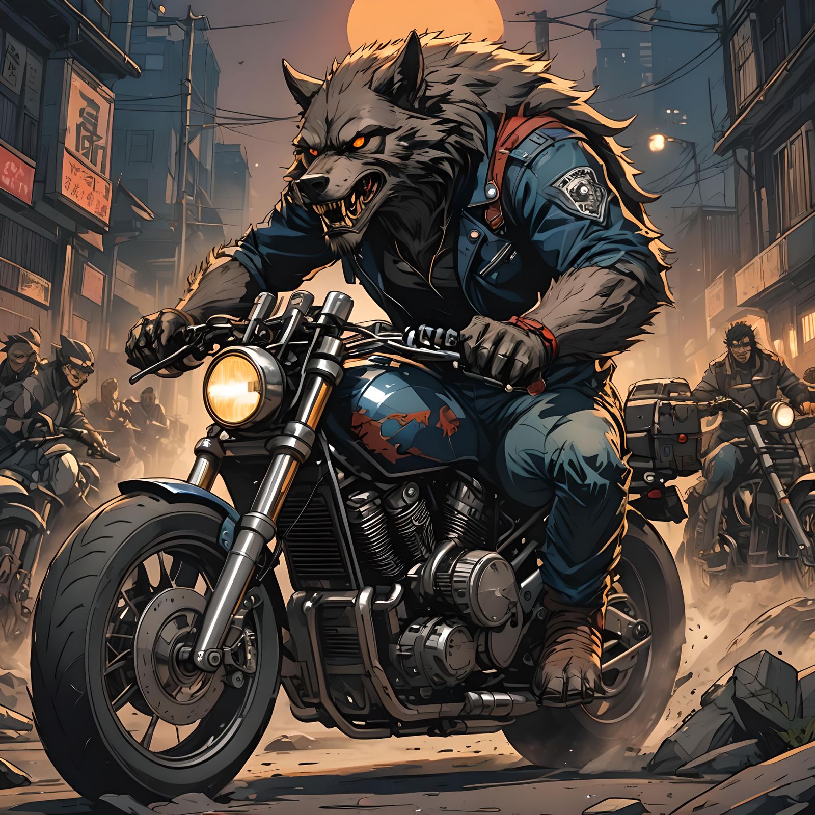 Werewolf Biker in Cel-Shaded Anime Style
