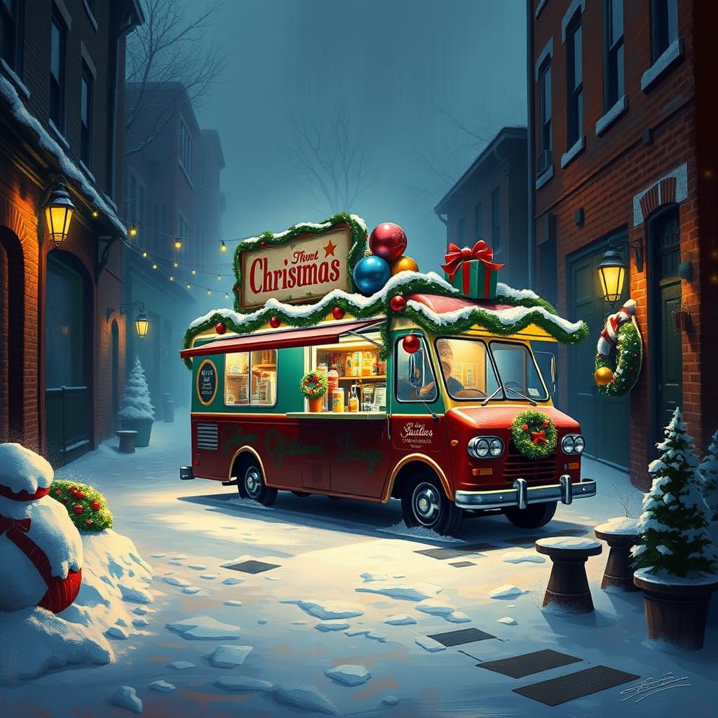Retro Christmas Food Truck in a Snowy Winter Wonderland