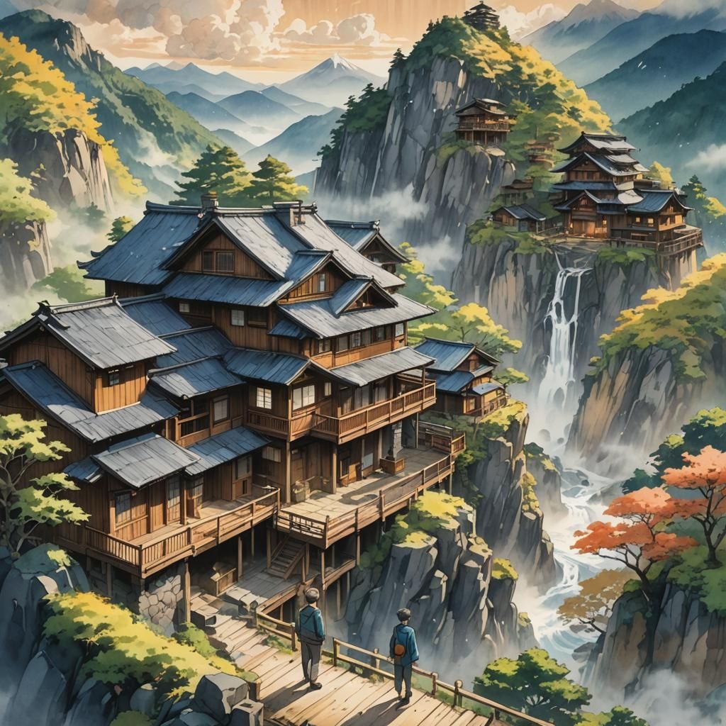 Anime Man Emitting Rays in Mountain House