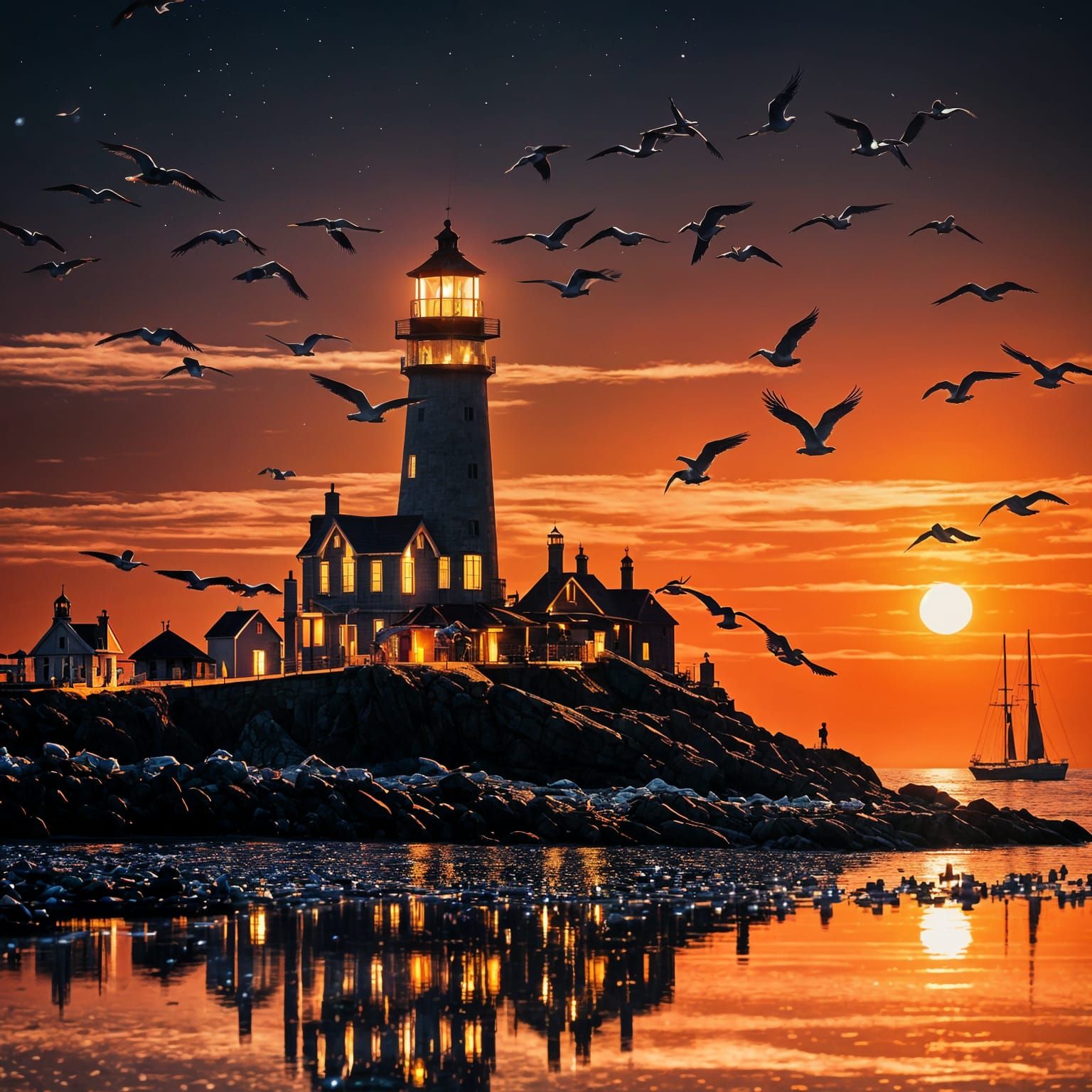 Vibrant Neon Sunset Scene with Sailboats and Seagulls