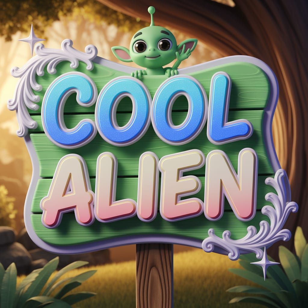 A 3D cartoon logo that says "Cool Alien" In glittering pastel blue, pastel orange, and ivory paint, with visible brush s...