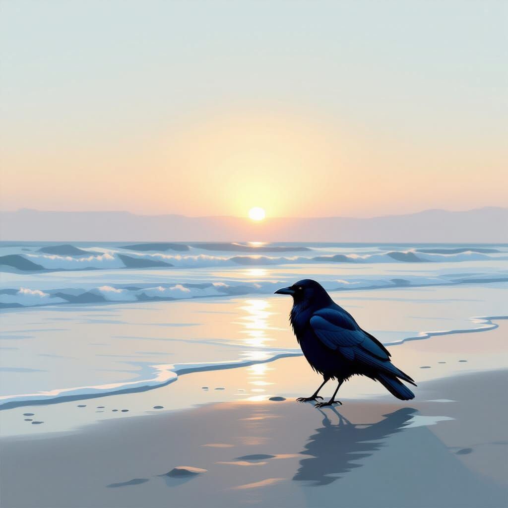Solitary Crow on Sea Sands at Dawn