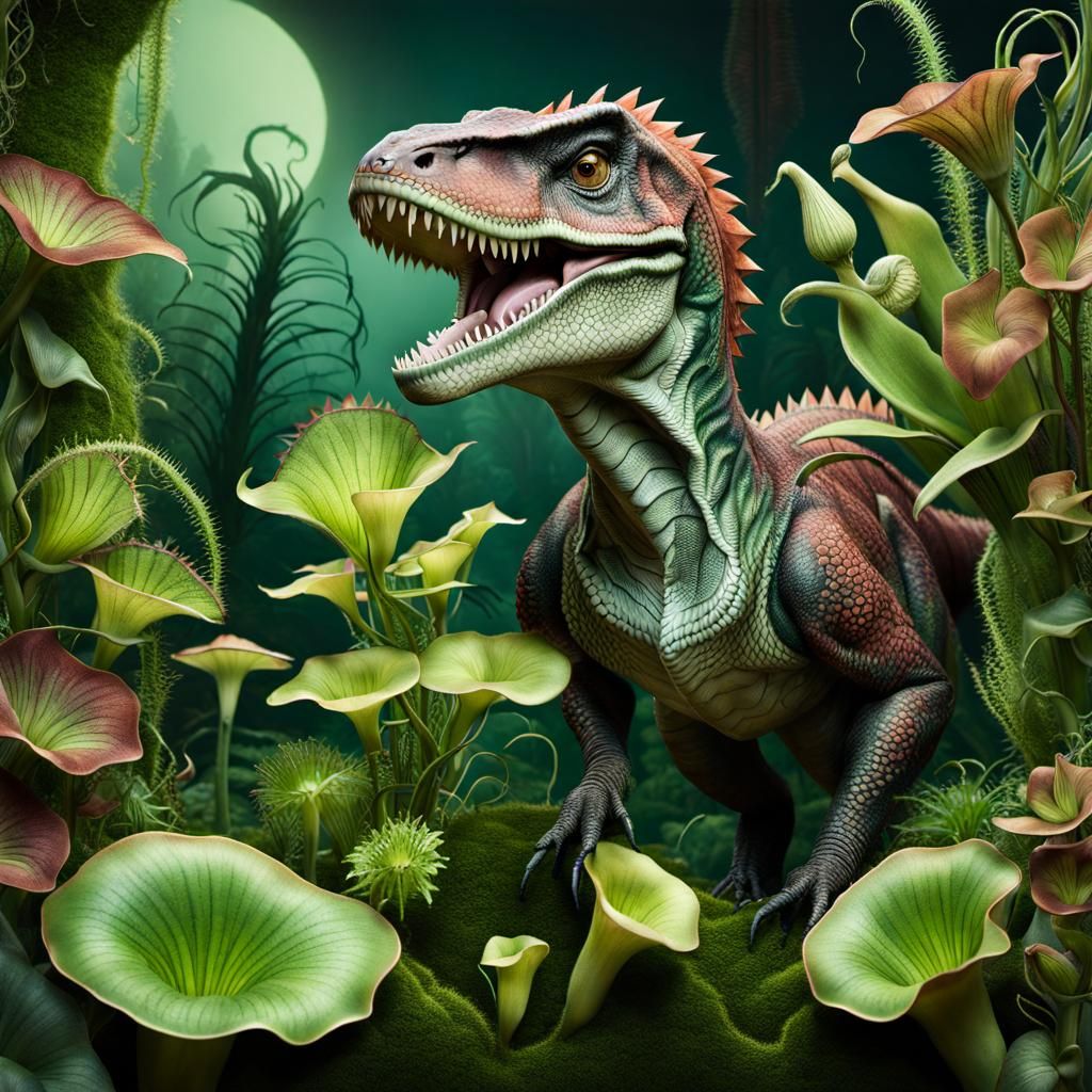 Cute Raptor Dinosaur in Carnivorous Jungle