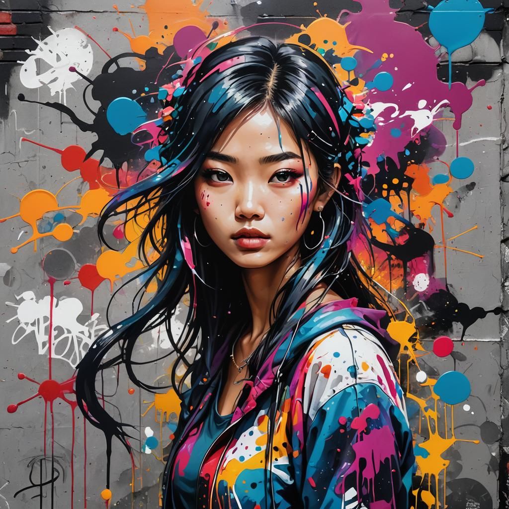 Asian Girl in Graffiti Splash Art Style