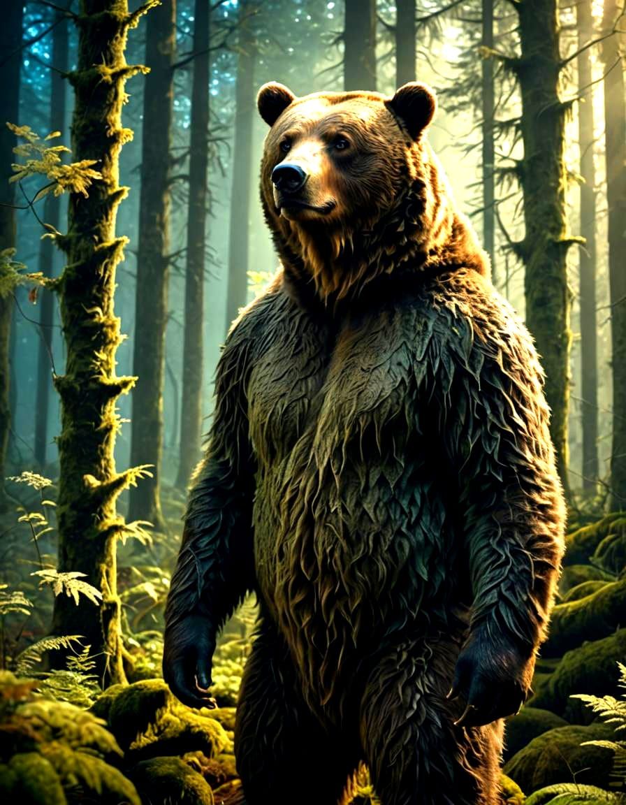 Bear Man in Forest: Detailed Digital Art