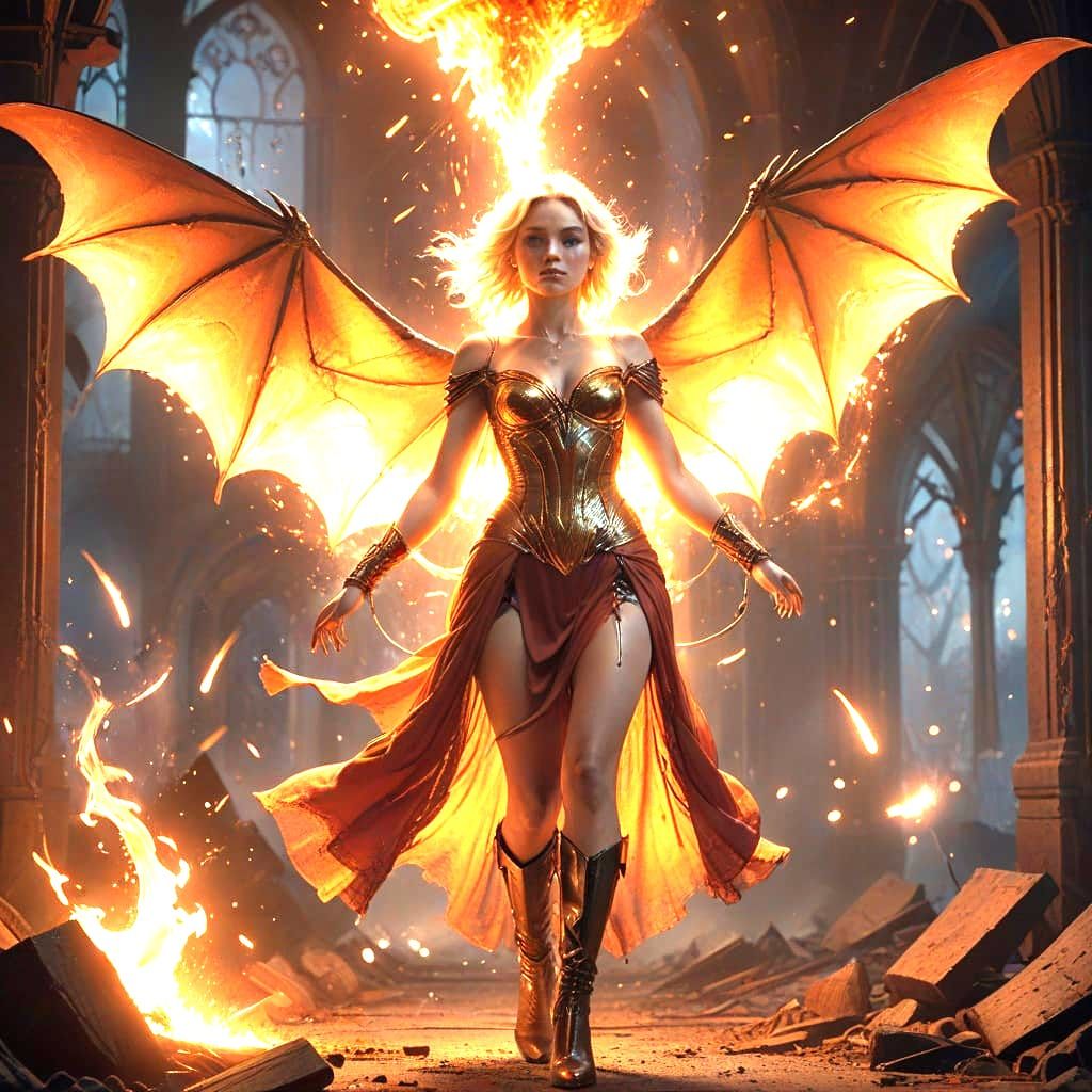 Ethereal Female Demon with Wings and Molten Metal