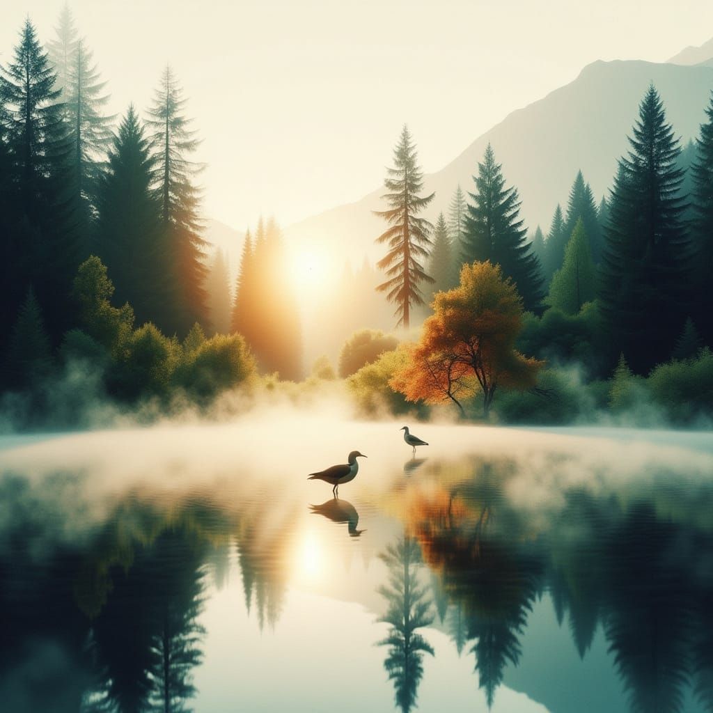 Misty Lake Double Exposure with Birds and Florals