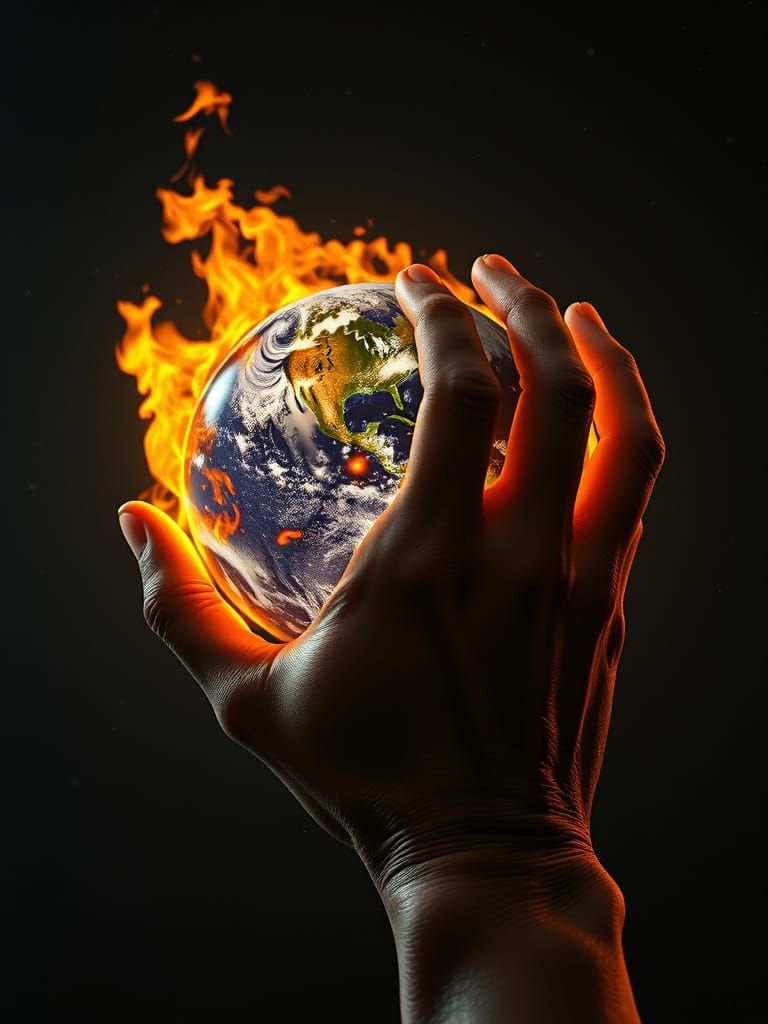 A Hand Grasps the Burning Earth in Hyper-Realistic Detail