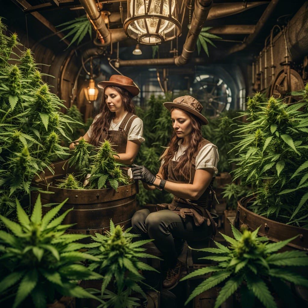Steampunk Watermill Scene with Cannabis Plants