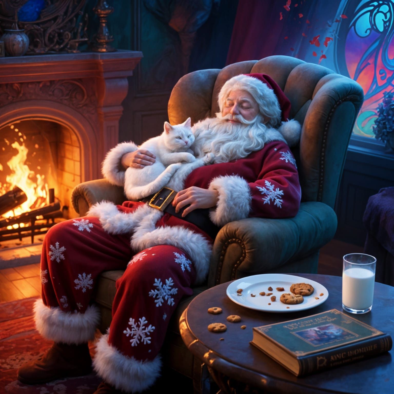 Santa Asleep by Fireplace with Cat and Mrs. Claus