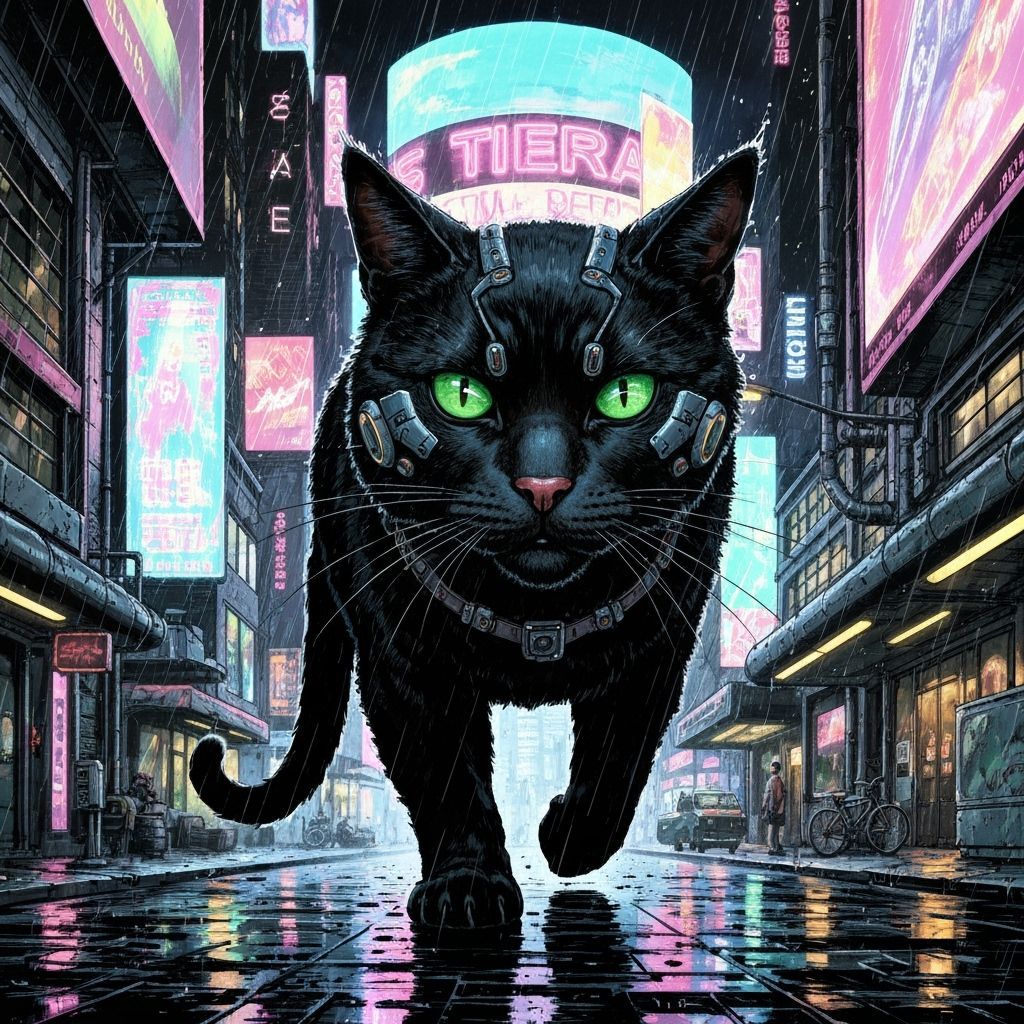 Cyberpunk Cat Prowls Neon City Streets