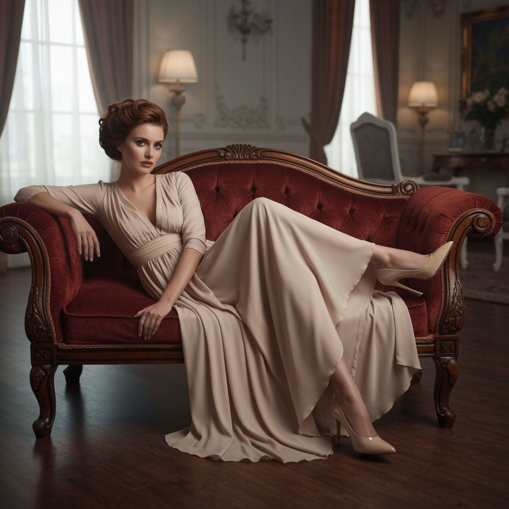 Elegant Woman in Champagne Gown in Opulent Salon