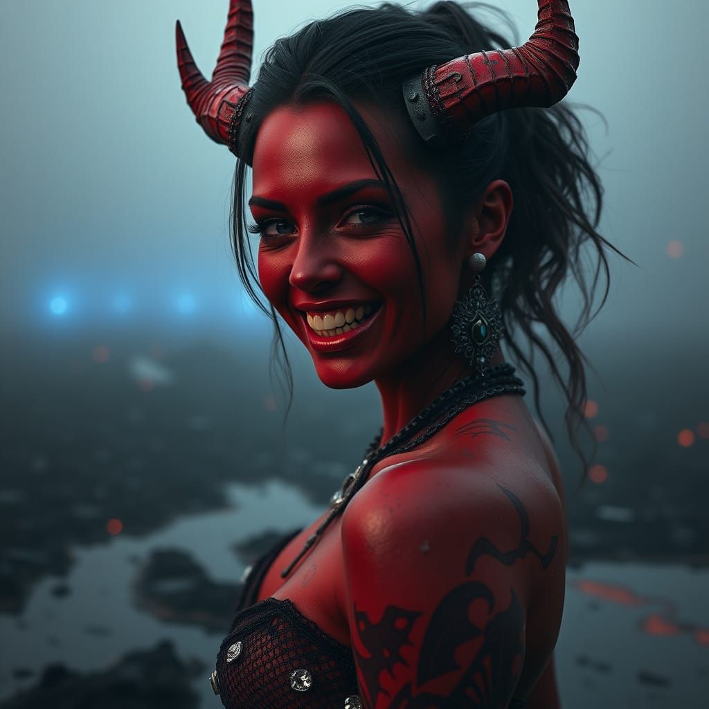 Dark Red Devil Goddess in Dystopian Horror Scene