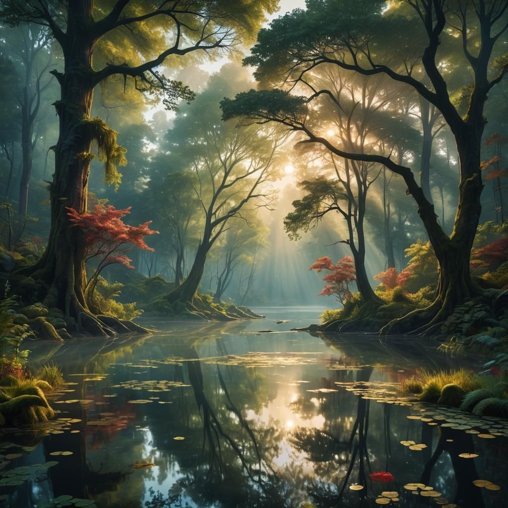 Mystical Forest Lake Reflecting Early Morning Sky