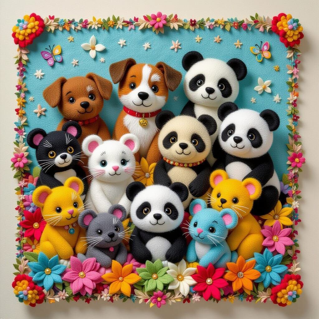 Whimsical Impasto Mosaic of Felted Animal Friends