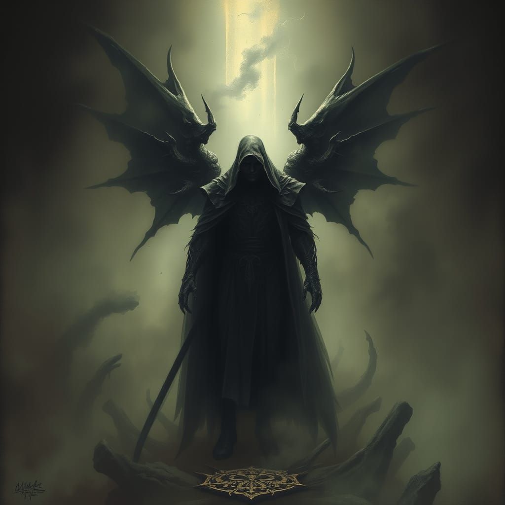 Ominous Figure in Eerie Mist, in Dark Fantasy Style