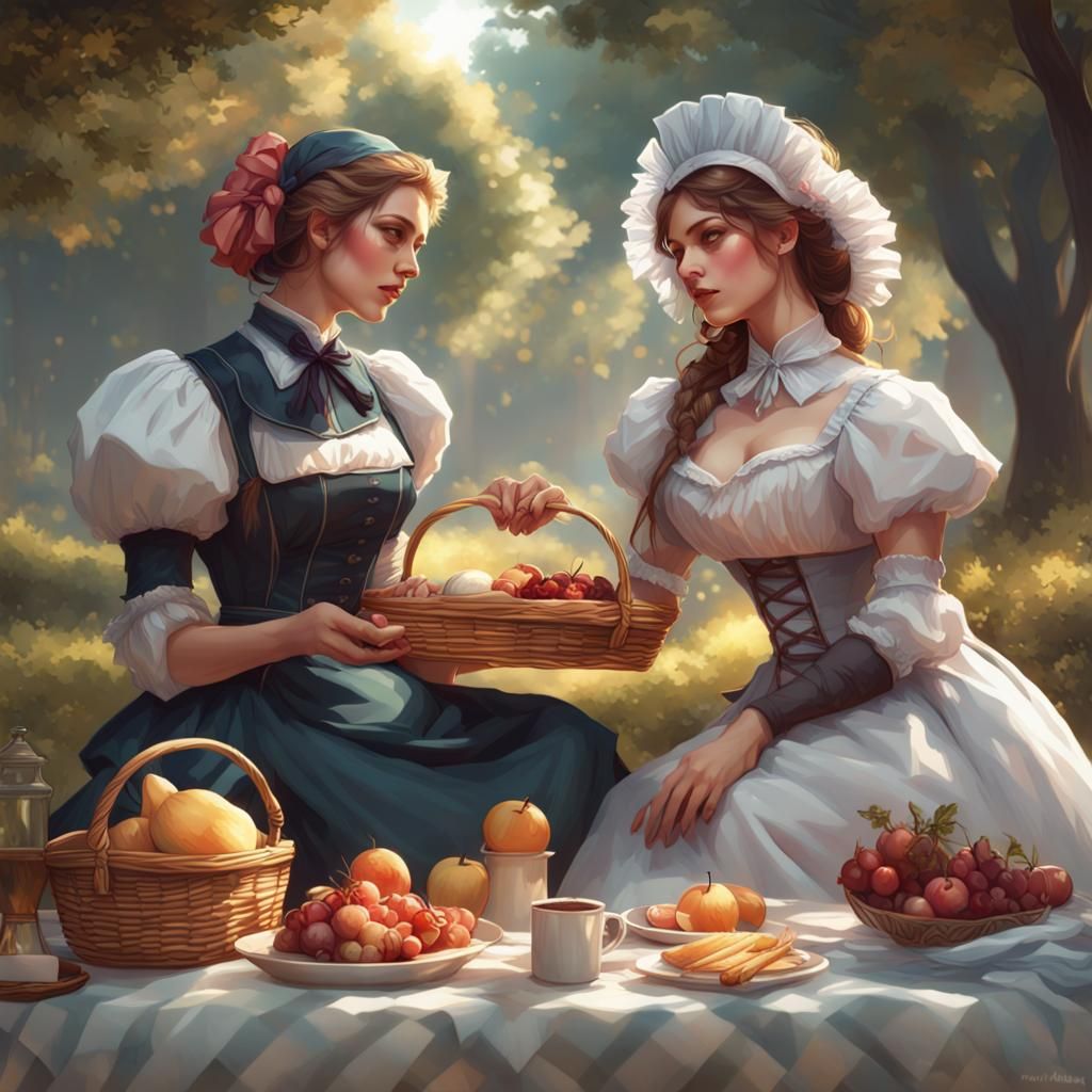 Romantic Picnic of Maid and Mistress: Detailed Portrait