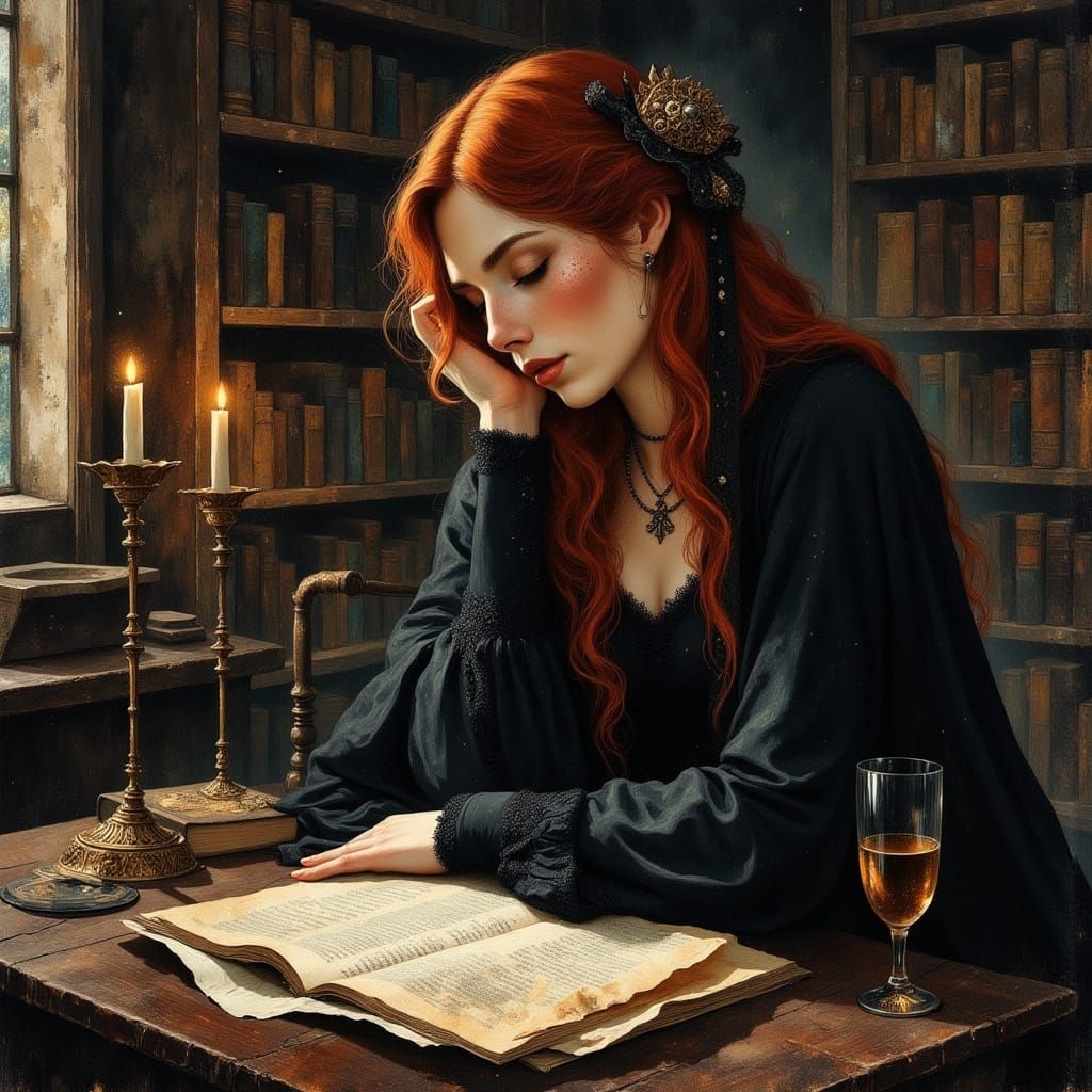 Fae Woman Studying Book in Castle Library