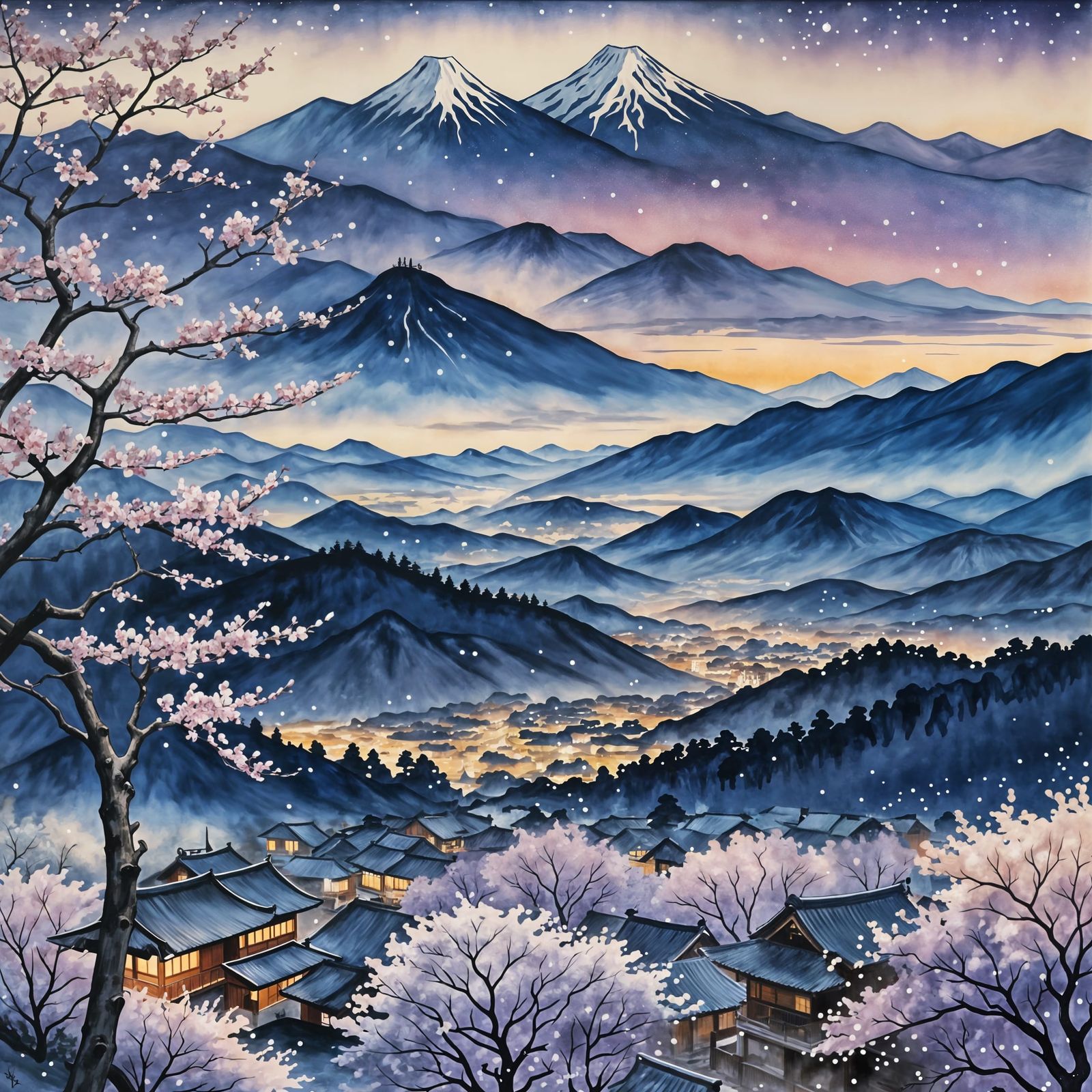 Starry Night in Shin-Hanga Style