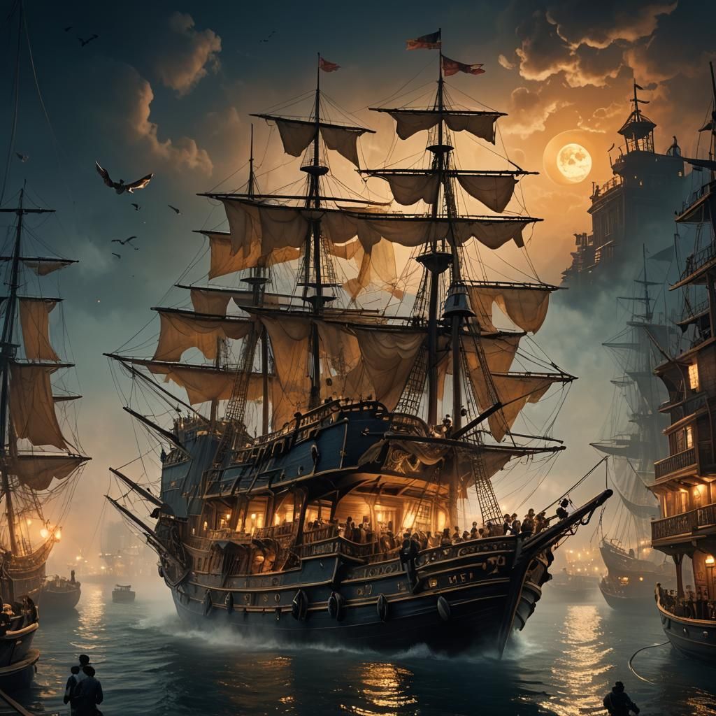 Goat Pirate Ship in Misty Harbor: Fantasy Concept Art
