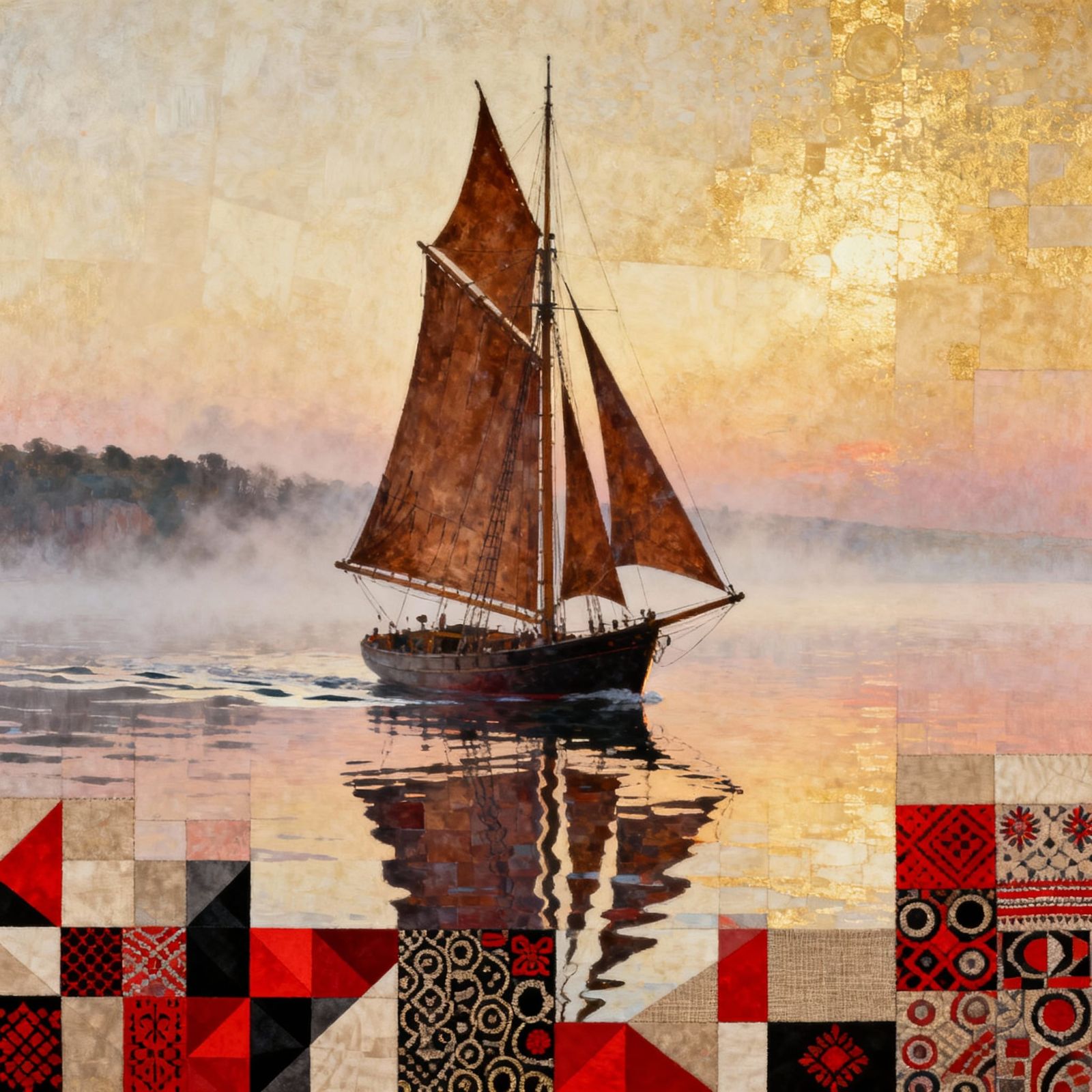 Sailing Ship in Klimt Cubist Folk Art Fusion Style